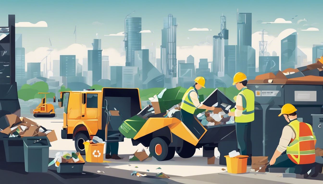 An Illustration of How to Start a Waste Disposal Company. Waste management professionals sort through diverse waste materials at a recycling facility against an urban skyline.