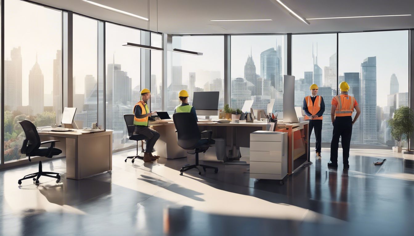 A diverse team of waste management professionals is working in a modern office with city views. The office of one of the waste companies offering eco-friendly services