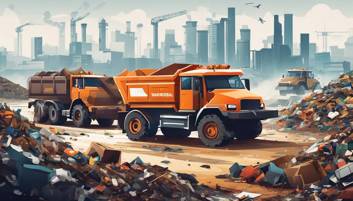 A busy industrial landfill with waste disposal vehicles and towering cityscape in the background.