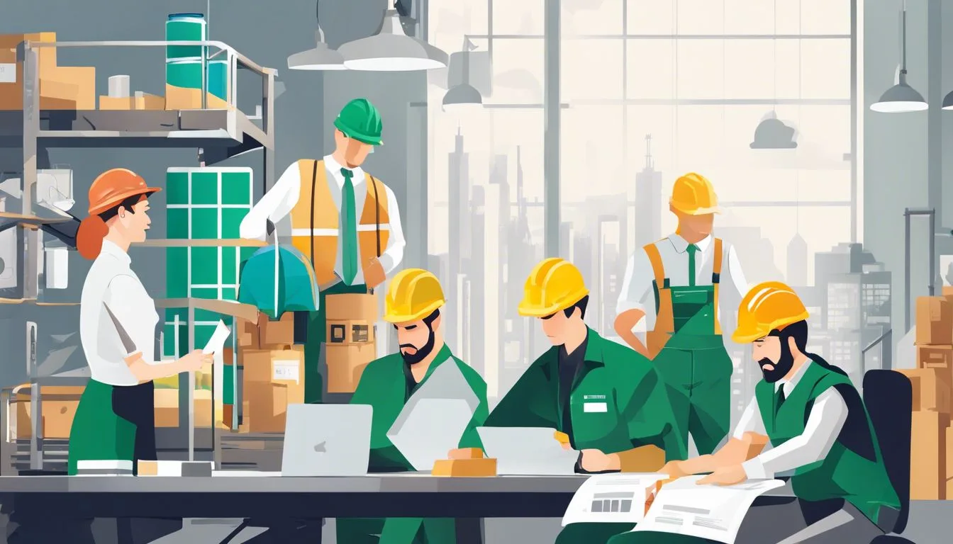 A team of waste management professionals analyzing market trends and collaborating in an industrial setting. A team of waste management professionals analyzing market trends and collaborating in an industrial setting.