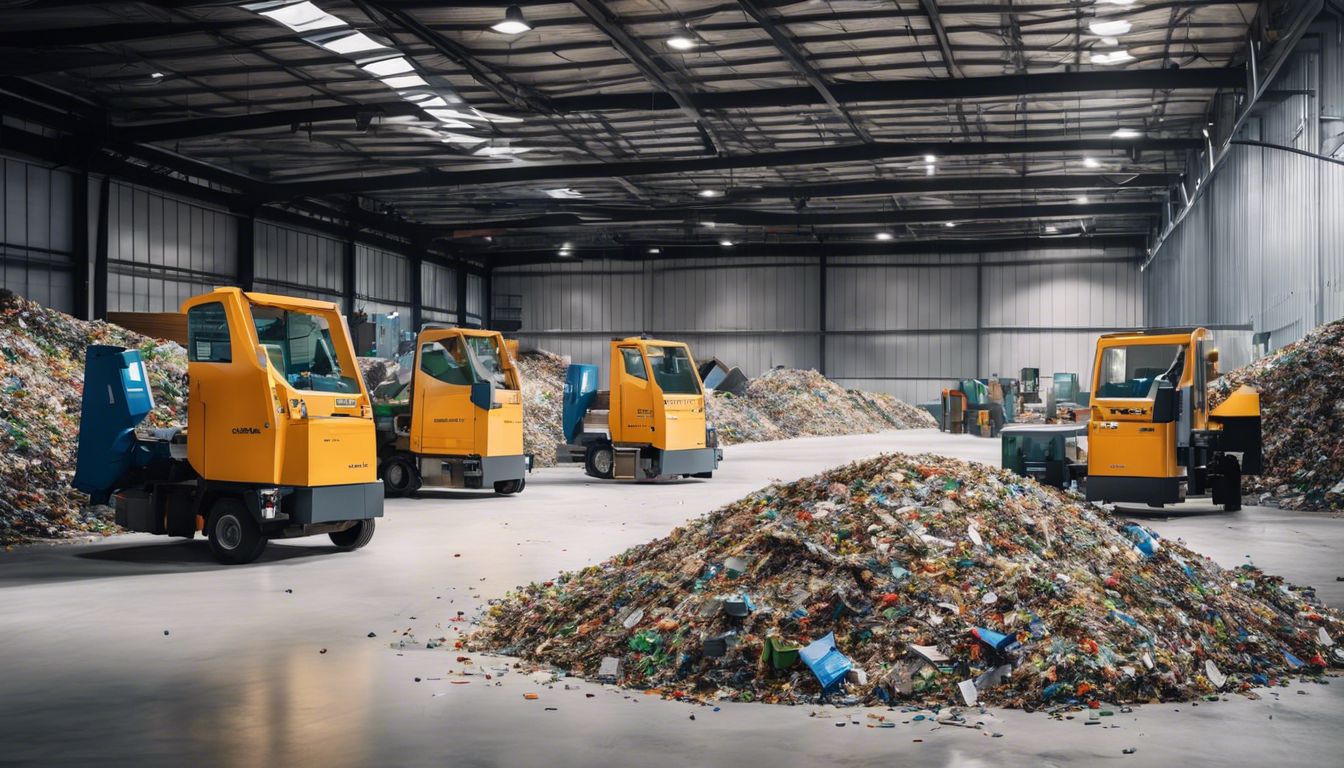 A team of waste managers sorting recyclable materials at a modern recycling facility.