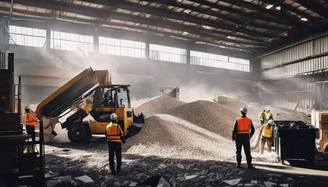 Workers sorting and loading plasterboard waste at a recycling facility.