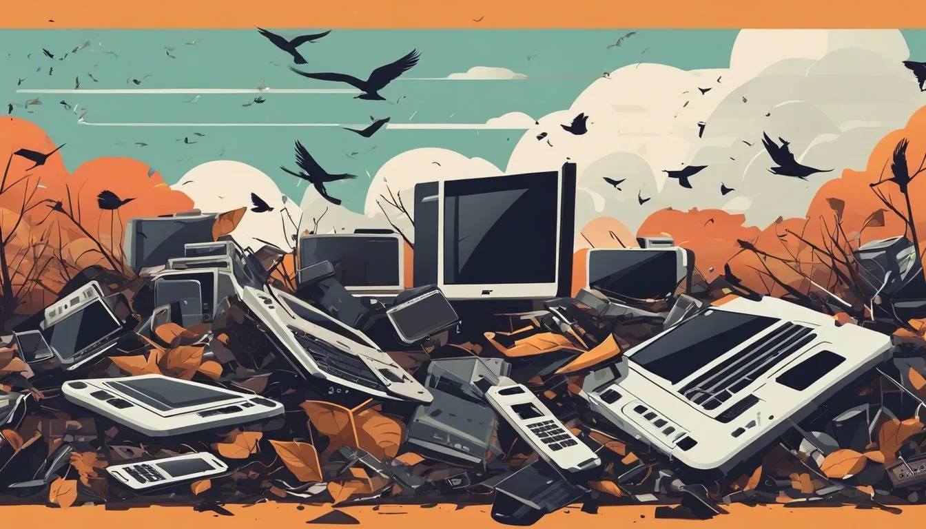 A pile of discarded electronic devices in a polluted landfill, contrasting technology with nature and conveying desolation.