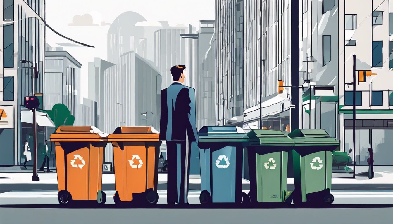 A determined business owner paying commercial waste disposal company rates is standing in front of overflowing trash bins in a bustling urban setting.