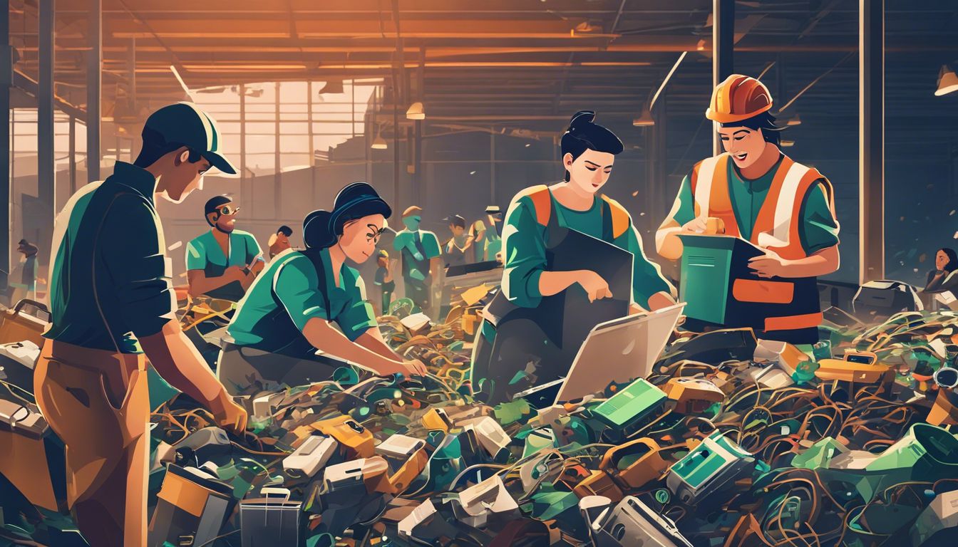 A group of diverse people sorting through a pile of e-waste in a recycling facility, showing determination for environmental sustainability.