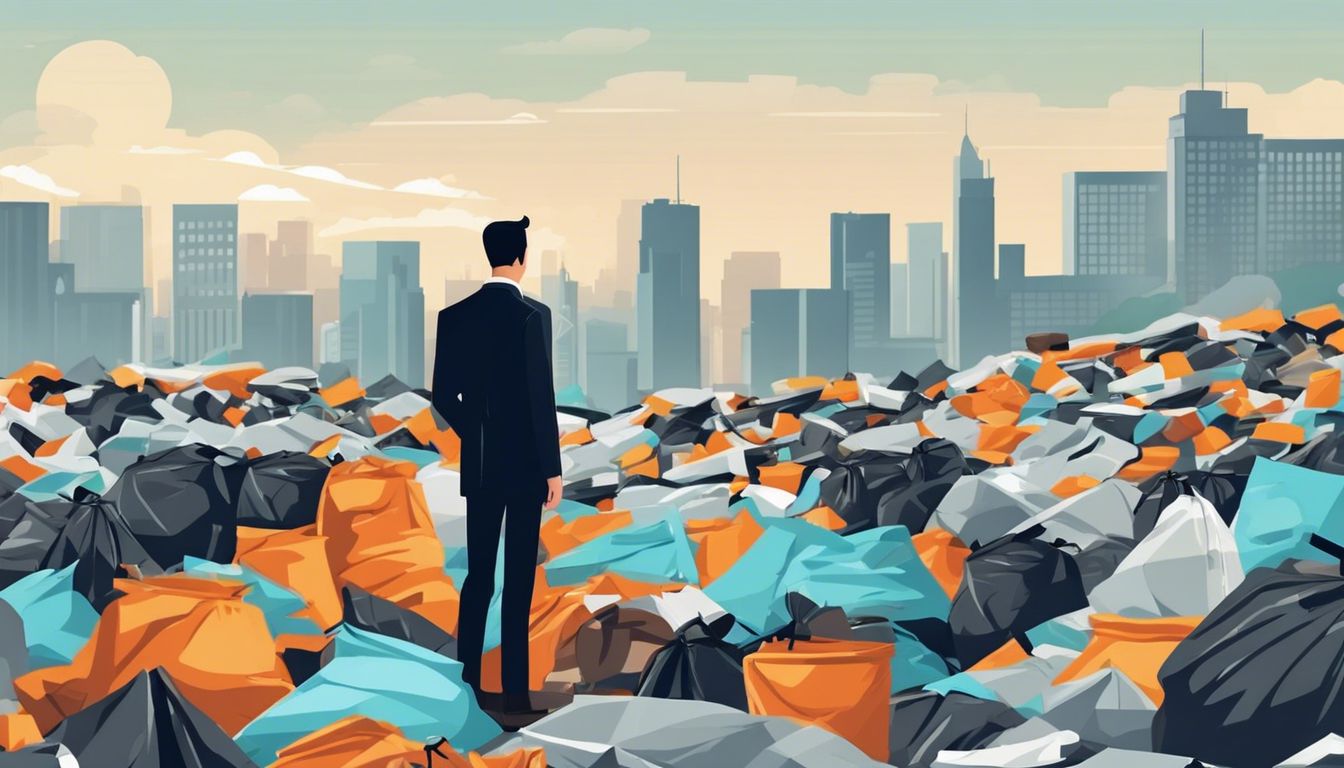 A businessman confronts a mountain of rubbish bags, symbolising overwhelming waste and pollution in the city.