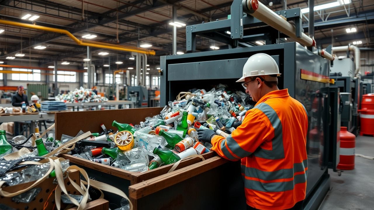 A worker operates a waste recovery machine at a busy recycling facility.