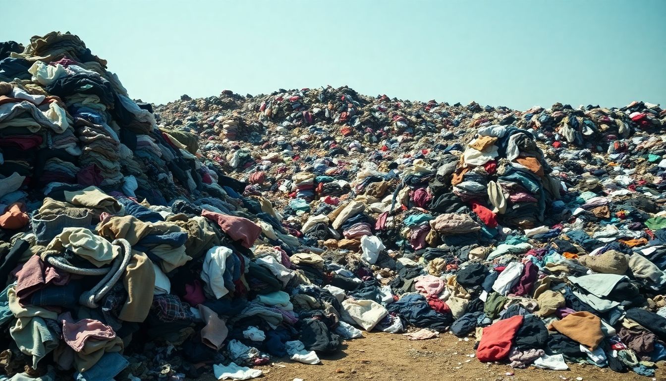 The need for the Circular Economy In Fashion: A cluttered landfill filled with discarded clothing depicts the clothing industry's waste crisis. Image showing why we need the Circular Economy In Fashion. A cluttered landfill filled with discarded clothing depicts the clothing industry's waste crisis.