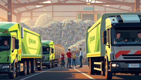 A bustling scene of leading UK solid waste management operators, captured in a dynamic, high-resolution image. In the foreground, a fleet of modern, eco-friendly waste collection trucks, their drivers focused on their tasks. In the middle ground, uniformed employees oversee sorting and processing operations at a well-equipped waste management facility, with towering mountains of recyclables and efficient machinery in the background. The scene is illuminated by warm, natural lighting, conveying a sense of professionalism and sustainability. The overall atmosphere is one of a thriving, technologically-advanced industry, essential to the UK's circular economy.