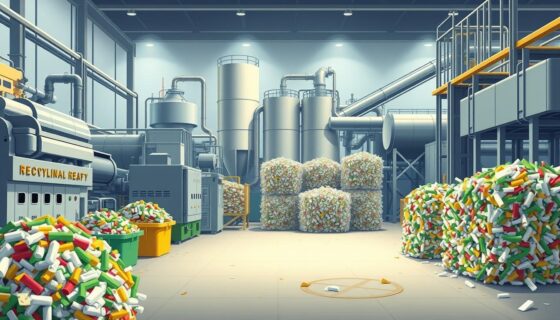 A large, modern recycling facility with specialized equipment and processes. In the foreground, waste sorting machines efficiently separate materials. The middle ground showcases baled recyclables neatly stacked, ready for transport. In the background, towering storage silos and conveyor belts move the processed materials. Bright, diffused lighting illuminates the scene, creating a sense of order and efficiency. The facility's sleek, industrial architecture conveys a strong commitment to sustainable waste management. An establishing shot capturing the scale and sophistication of UK's specialized recycling infrastructure.