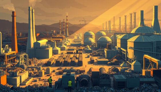 A vast industrial landscape of British waste treatment facilities, with towering smoke stacks, massive concrete structures, and intricate piping systems. In the foreground, a bustling scene of heavy machinery and workers in high-visibility gear, efficiently processing a steady stream of refuse. The middle ground features neatly organized storage areas and sorting stations, while the background is dominated by a series of large, domed anaerobic digesters and advanced water treatment plants. The scene is illuminated by a warm, golden light, casting long shadows and creating a sense of industrious productivity. The overall atmosphere conveys the scale and technical sophistication of the UK's mid-tier waste management organizations.