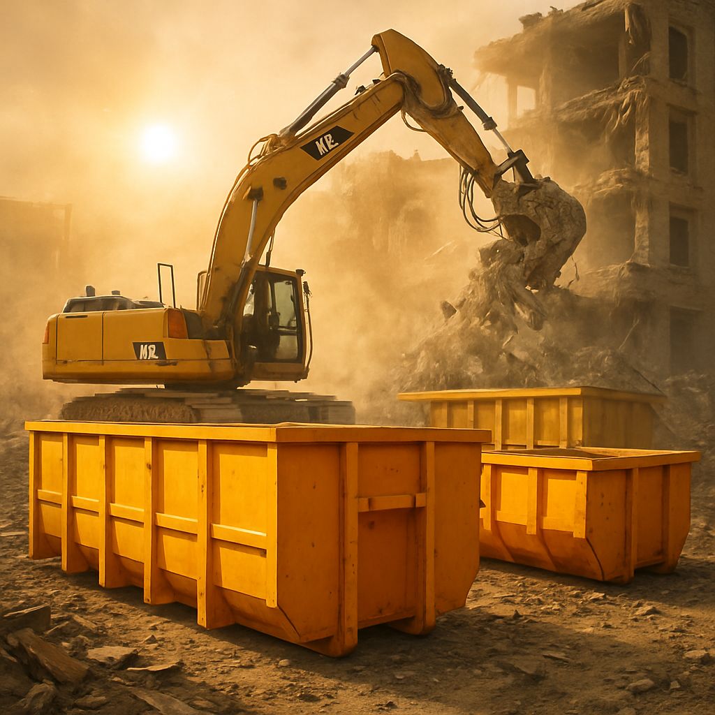 Construction Waste Containers in a low sun shot of a demolition site with demolition in progress.