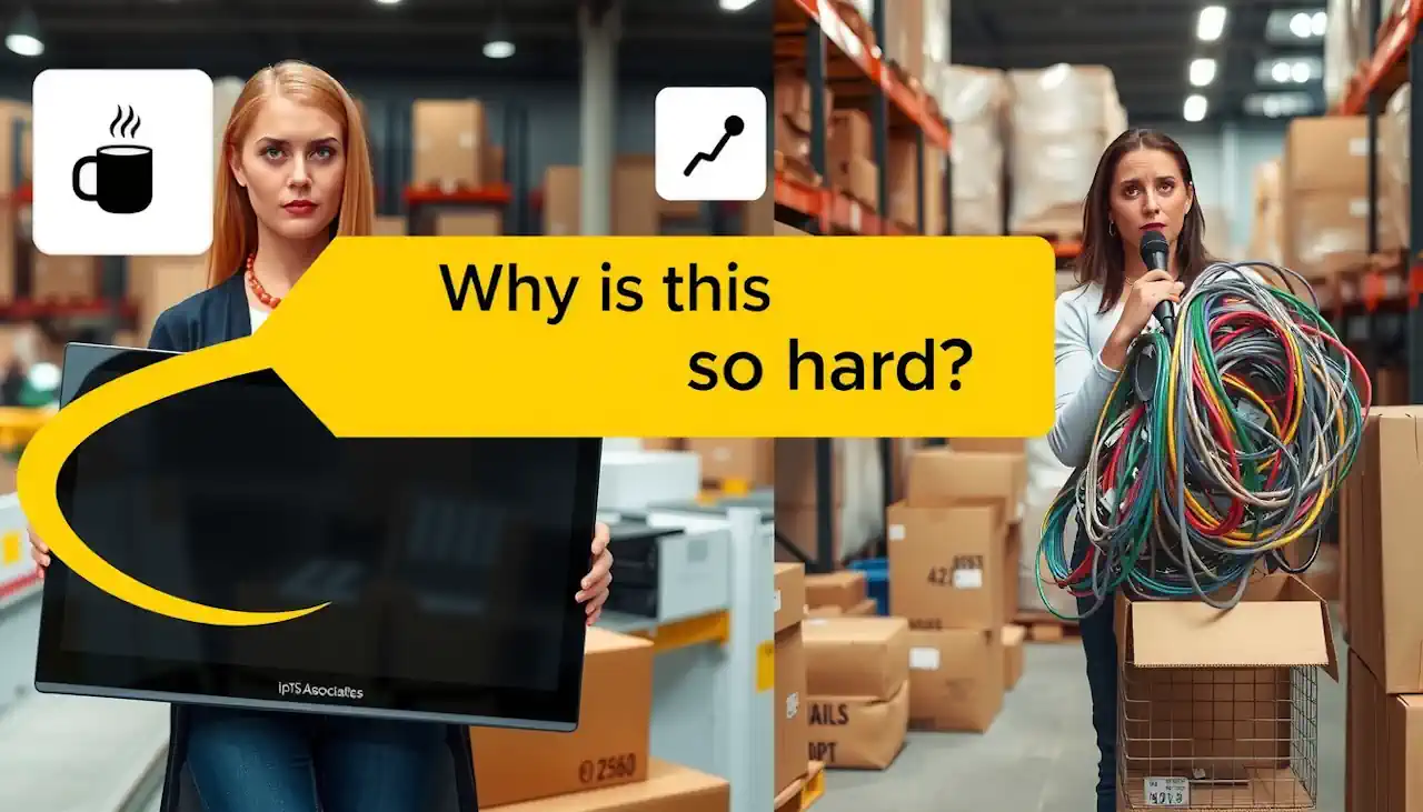 A side-by-side composite image set in a cluttered recycling warehouse or industrial facility. On the left side, a blonde woman with a frustrated expression holds a large black flat-screen television with the brand name "DYNEX" visible on the bottom bezel. She is wearing a white shirt, a navy blue cardigan, blue jeans, and an orange necklace. She stands near a conveyor belt and cardboard boxes. A thick yellow arrow curves from the television towards the right panel. On the right side, the same woman stands next to a large cardboard bin filled with a tangled mass of colorful electronic wires and cables. She holds a large cluster of these wires in one hand while holding a black microphone to her mouth with the other, looking directly at the camera with a confused expression. In the top center, spanning across the seam of both images, is a bright yellow horizontal banner containing the text "Why is this so hard?" in a bold, black sans-serif font. In the top left corner, there is a small white square icon featuring a stylized coffee mug with a black upward-trending line graph on it. The background shows warehouse shelves, various boxes, and industrial lighting.