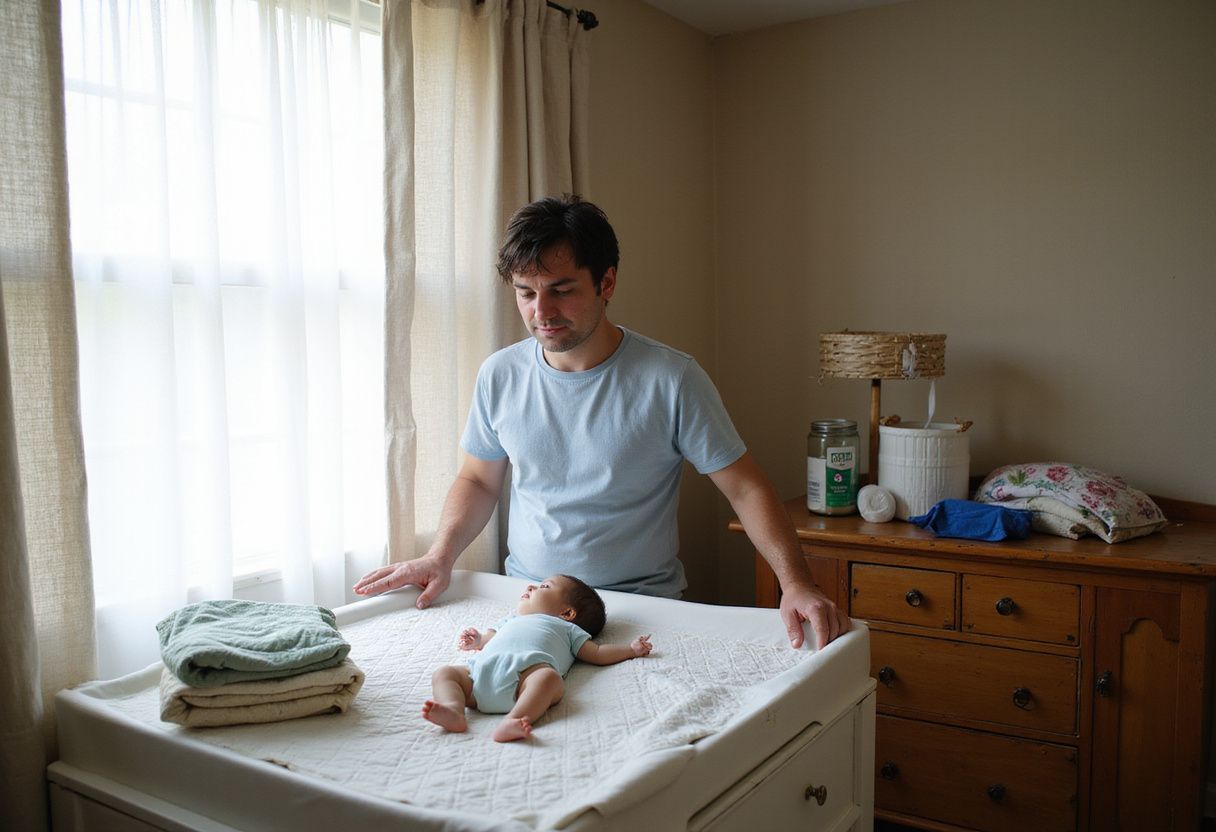 The image shows a baby being changed to showcase the issues in the debate about cloth vs disposable-diapers.