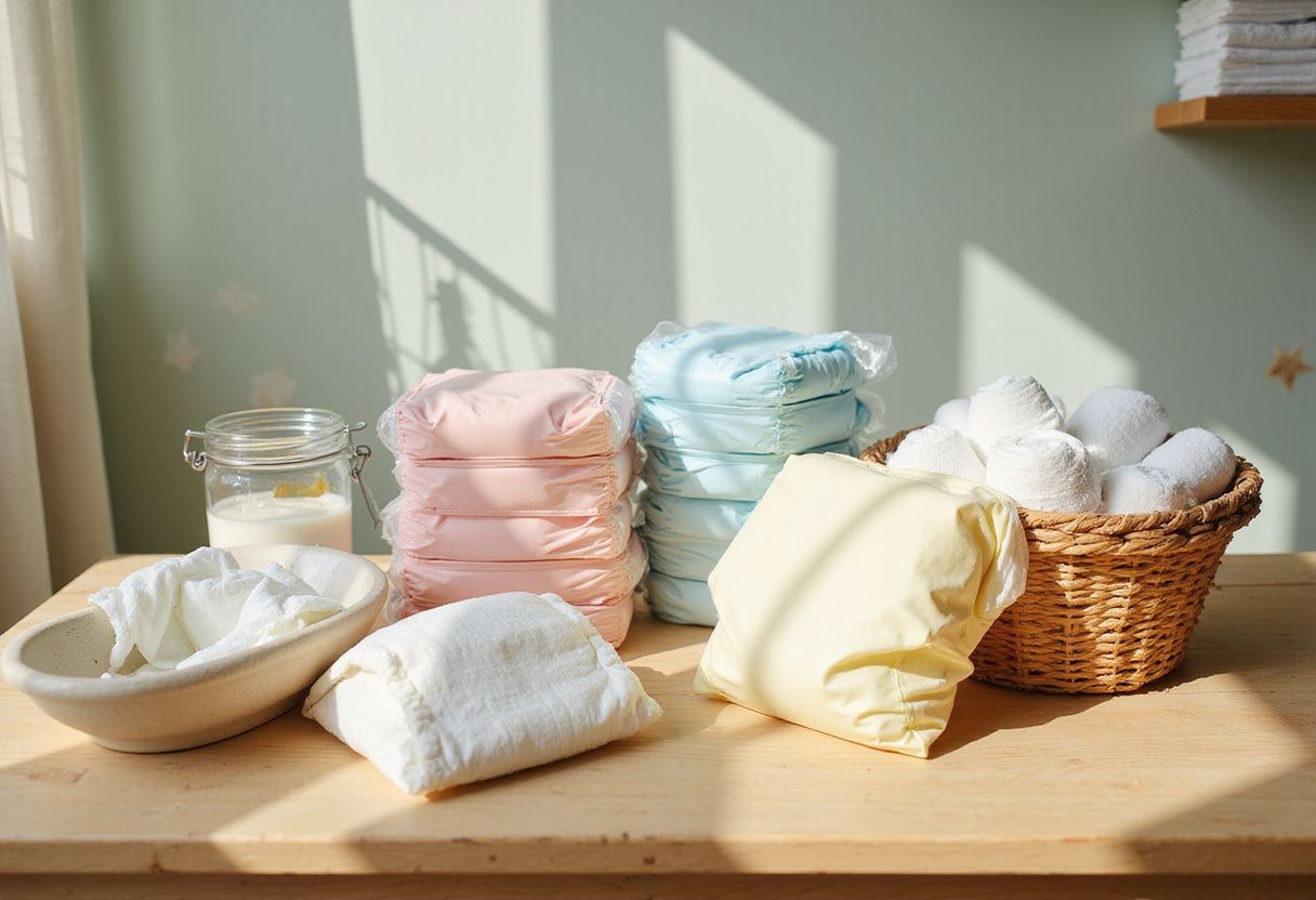 A sunlit nursery features a changing table with neatly arranged pastels, diapers, and baby essentials, evoking a warm, inviting atmosphere.