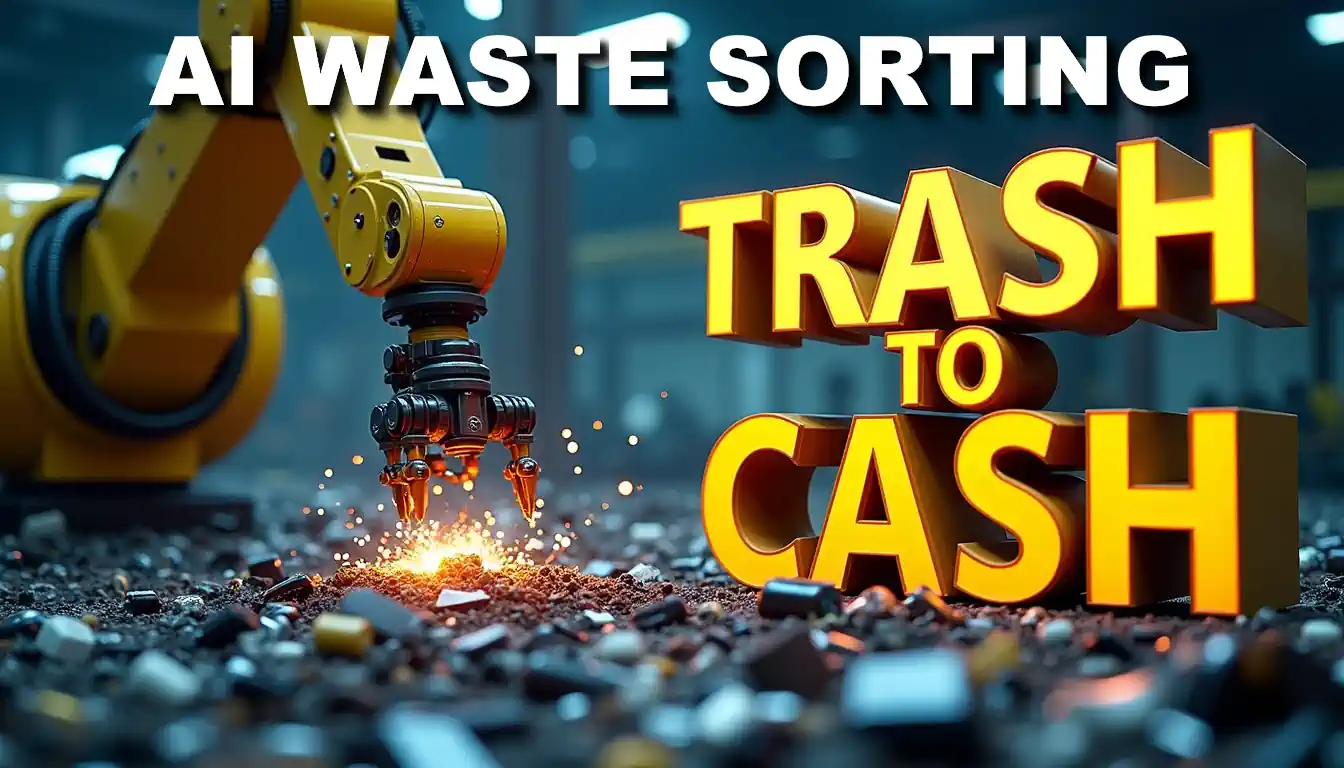 AI Waste sorting image with Trash to Cash in text. AI Waste sorting image with Trash to Cash in text.