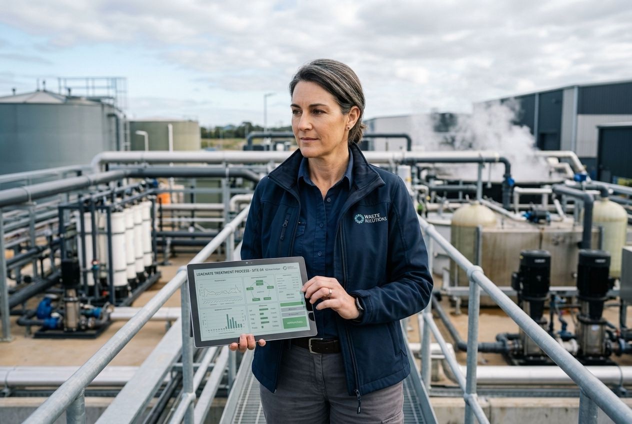A professional waste management expert analysing on-site treatment operational data on a digital tablet.